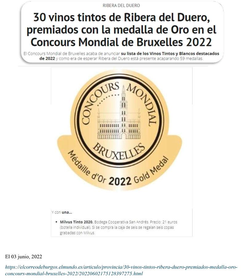 30 vinos tintos de Ribera del Duero premiados con la medalla de Oro en el Concours Mondial de Bruxelles 2022