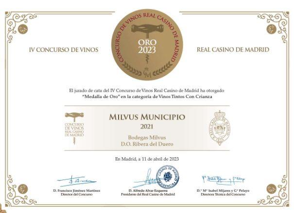 MIlvus Municipio ganador del concurso de vinos Real Casino de Madrid en 2023