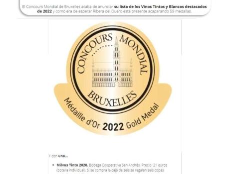 30 vinos tintos de Ribera del Duero premiados con la medalla de Oro en el Concours Mondial de Bruxelles 2022